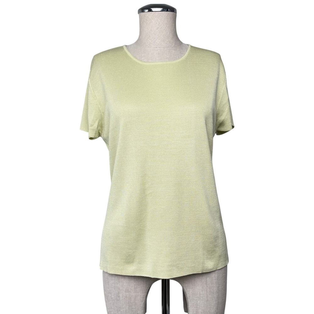 Ann Taylor 100% Silk Sweater Knit Short Sleeve Top Chartreuse Yellow Green L NWT